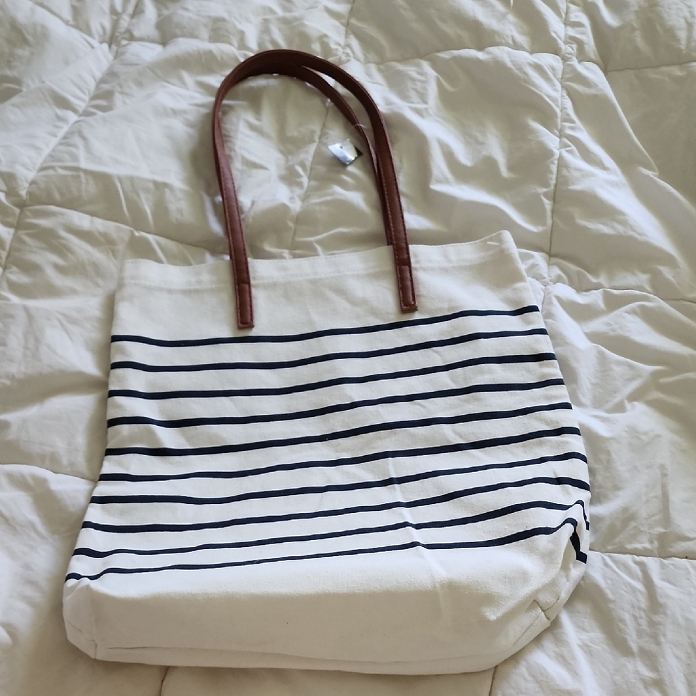Charlie Paige Striped Canvas Tote Bag with Brown Handles